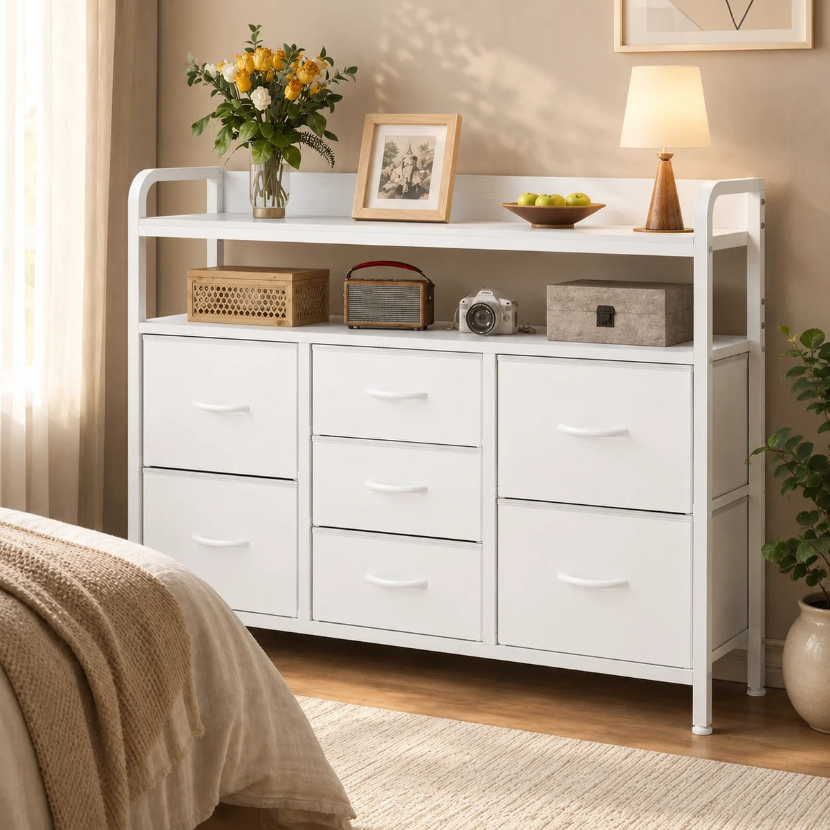 7-Drawer Fabric Chest of Drawers with Shelves - 100cm Wide Bedroom Storage