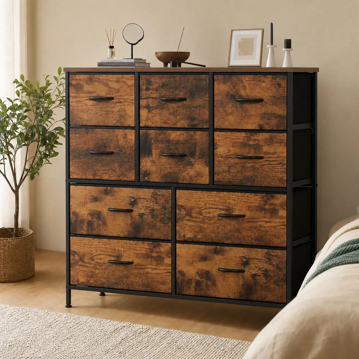 10-Drawer Fabric Chest of Drawers - 100cm Bedroom Storage