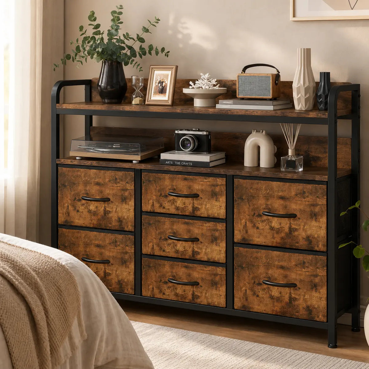7-Drawer Fabric Chest of Drawers with Shelves - 100cm Wide Bedroom Storage
