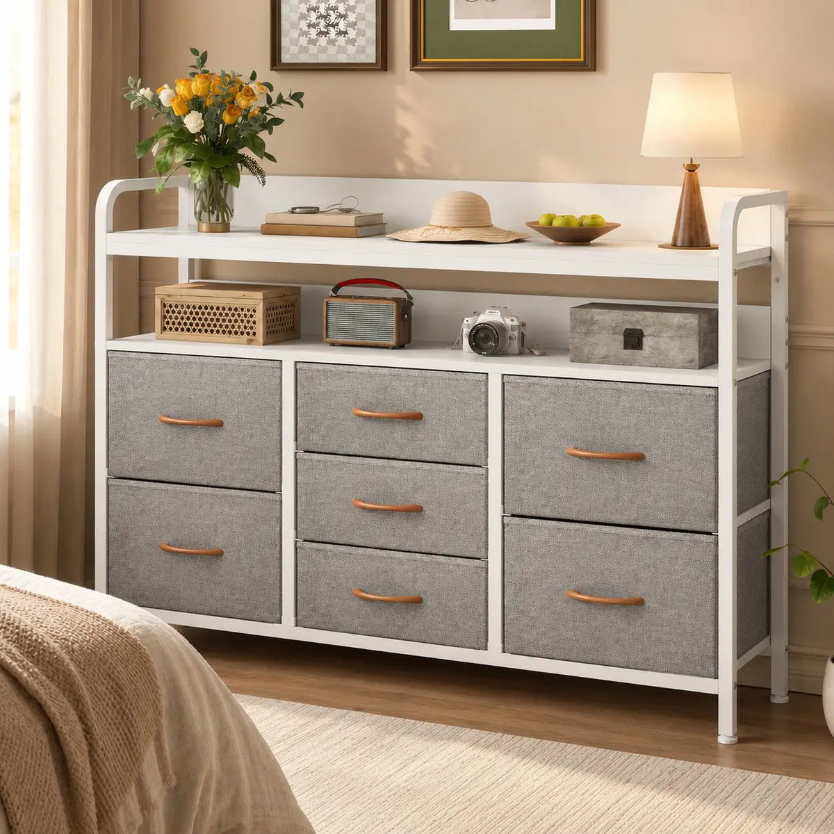 7-Drawer Fabric Chest of Drawers with Shelves - 100cm Wide Bedroom Storage