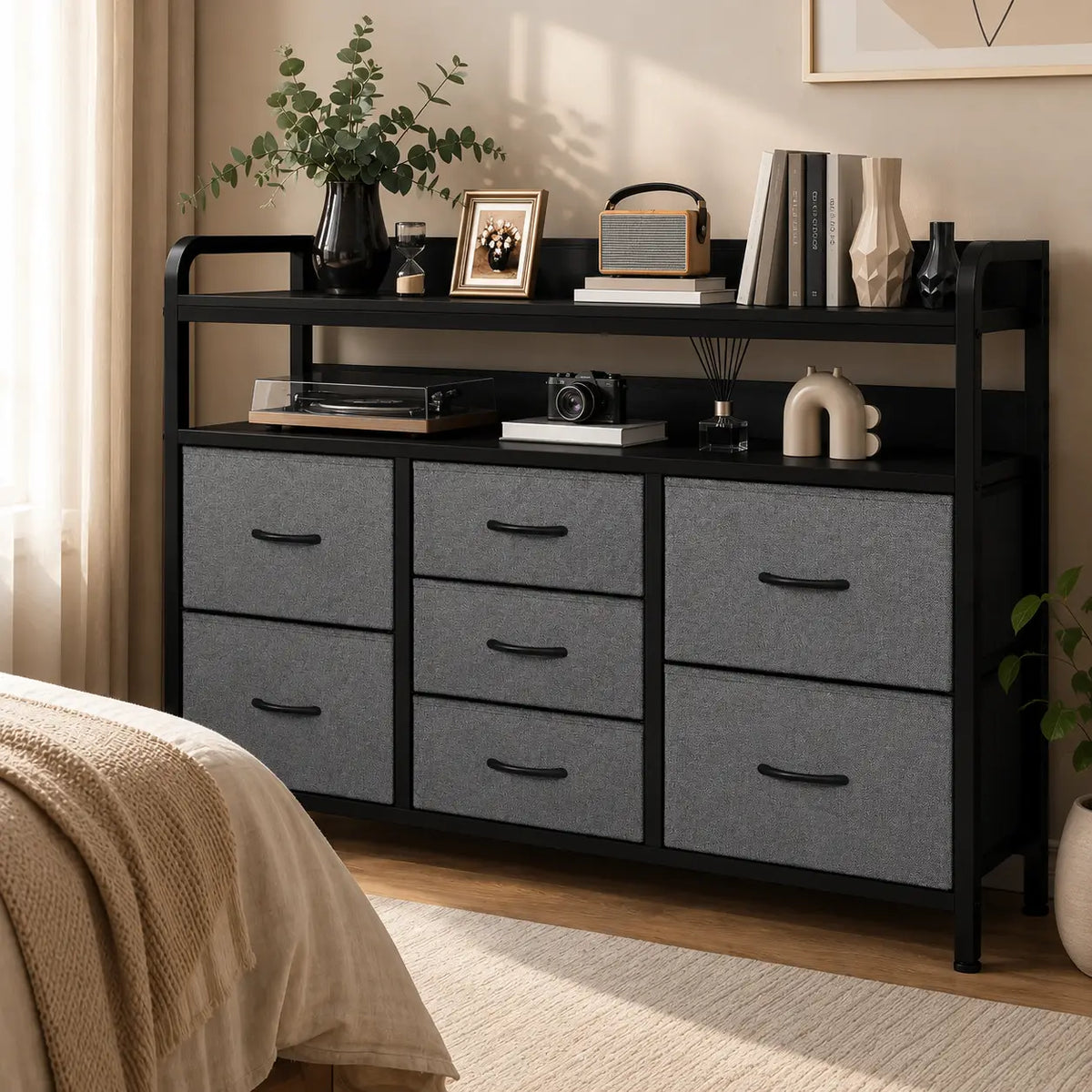 7-Drawer Fabric Chest of Drawers with Shelves - 100cm Wide Bedroom Storage