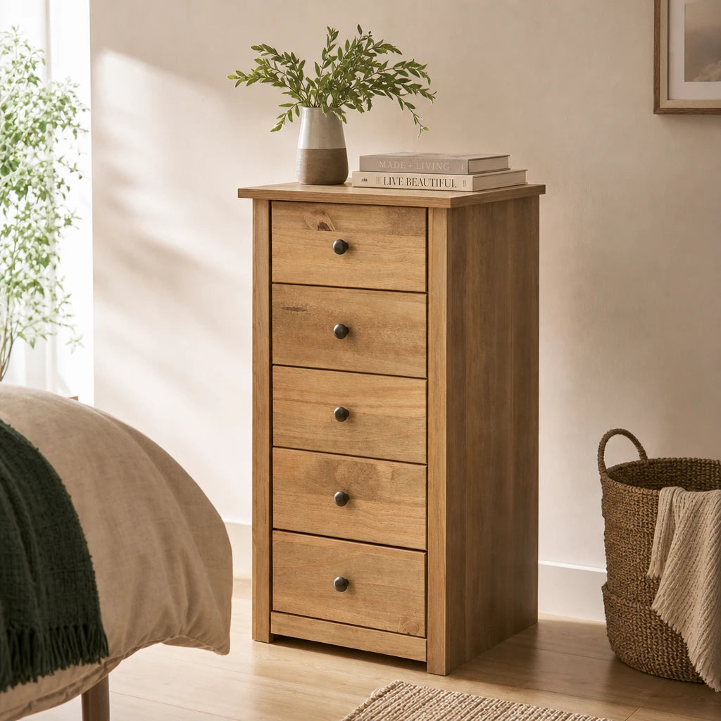 Oak-Stained Pine Tallboy Chest of Drawers - 46cm Narrow Storage