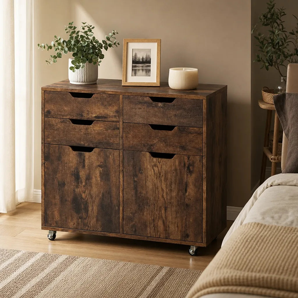Brown Wood-Grain 4-Drawer Chest of Drawers - Mobile Storage Cabinet
