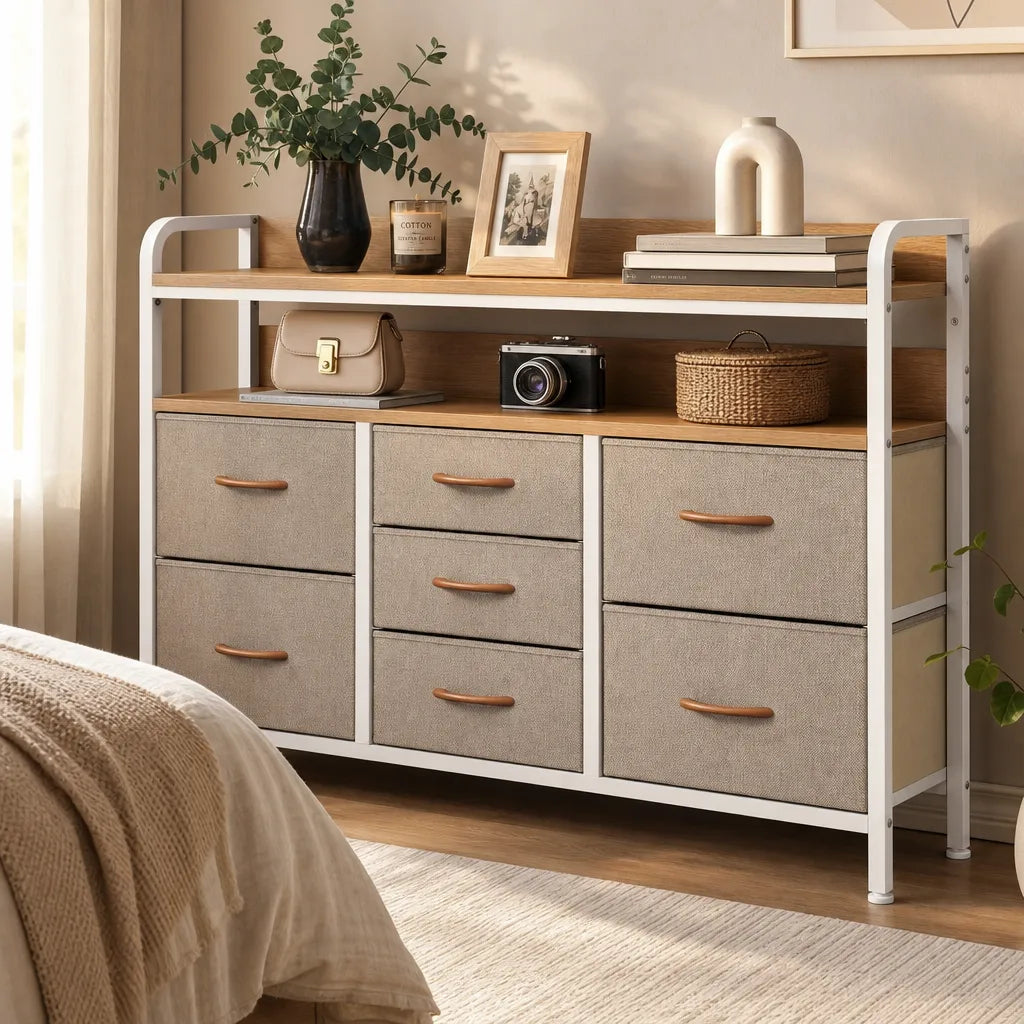 7-Drawer Fabric Chest of Drawers with Shelves - 100cm Wide Bedroom Storage