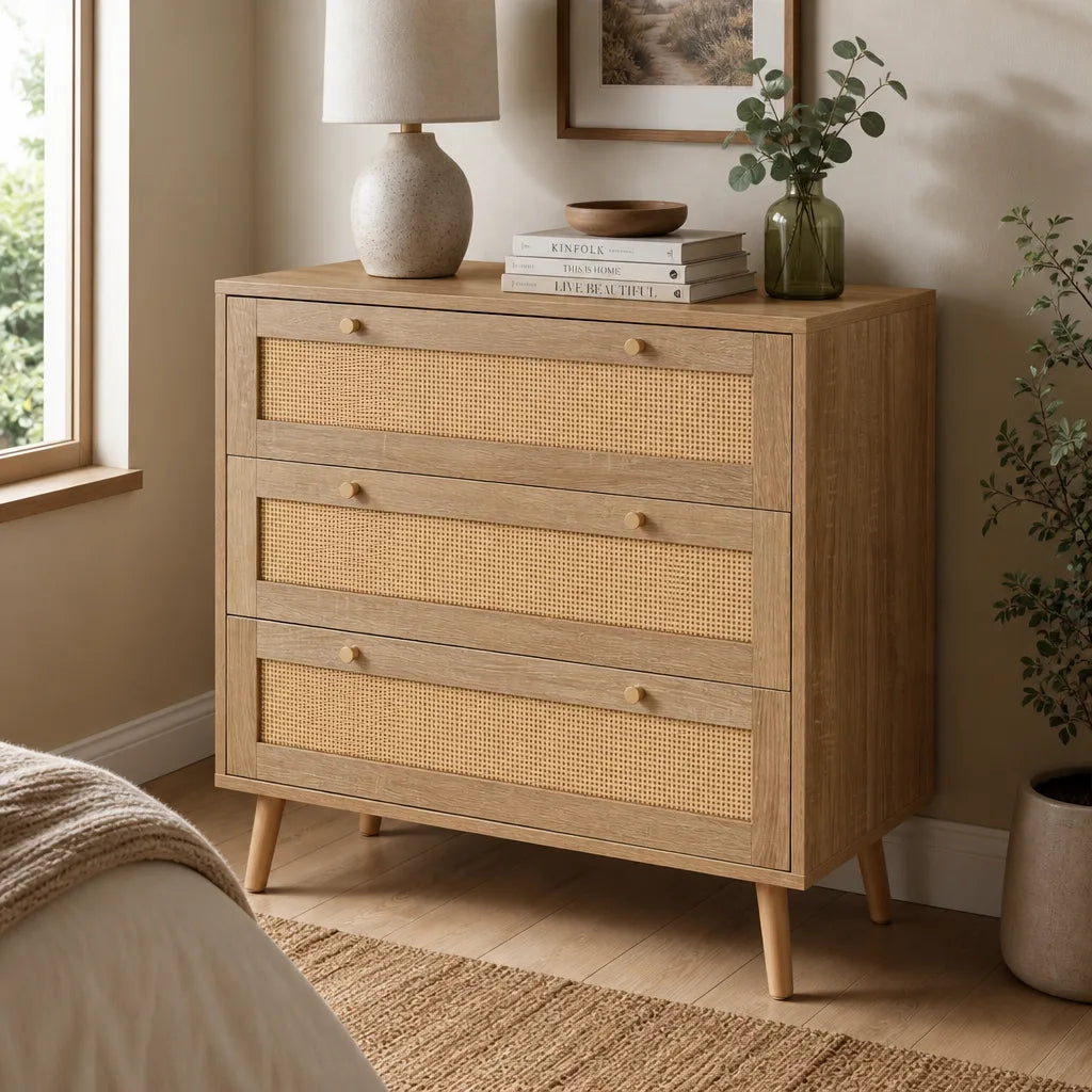 Natural Rattan 3-Drawer Chest of Drawers - 80cm Bedroom Storage