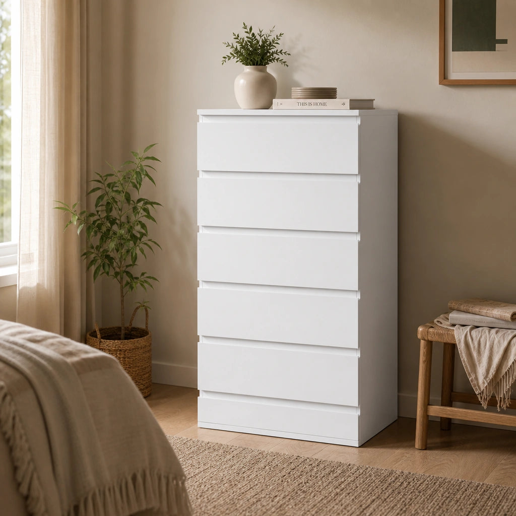 White 6-Drawer Tallboy Chest of Drawers - 60cm Narrow Bedroom Storage