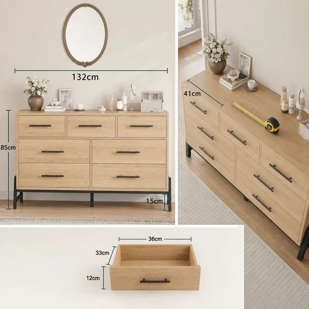 Natural Oak 7-Drawer Chest of Drawers - 132cm Wide Bedroom Storage