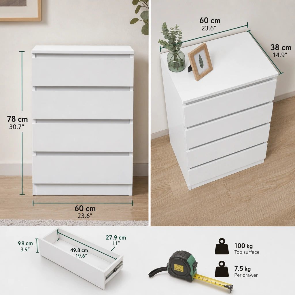 Slim 4-Drawer Chest of Drawers - 60cm Narrow Bedroom Storage