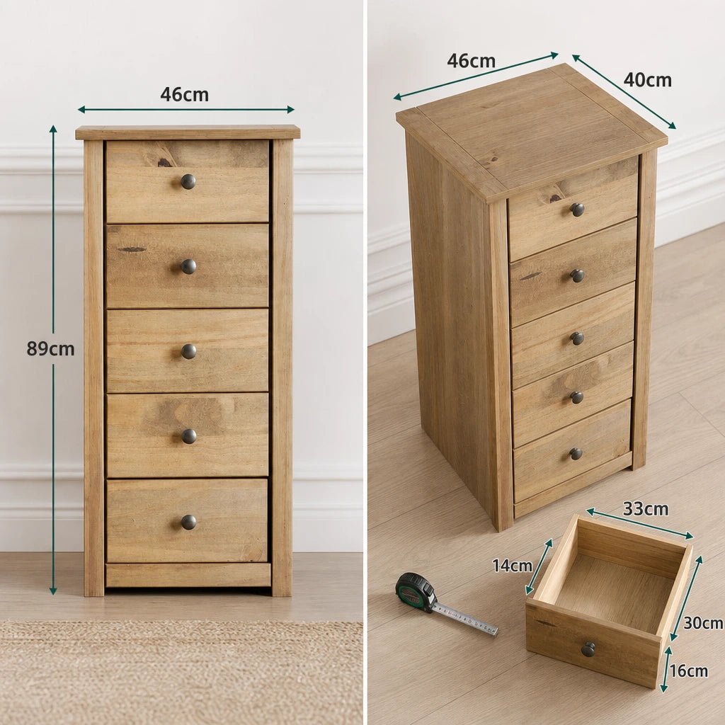 Oak-Stained Pine Tallboy Chest of Drawers - 46cm Narrow Storage