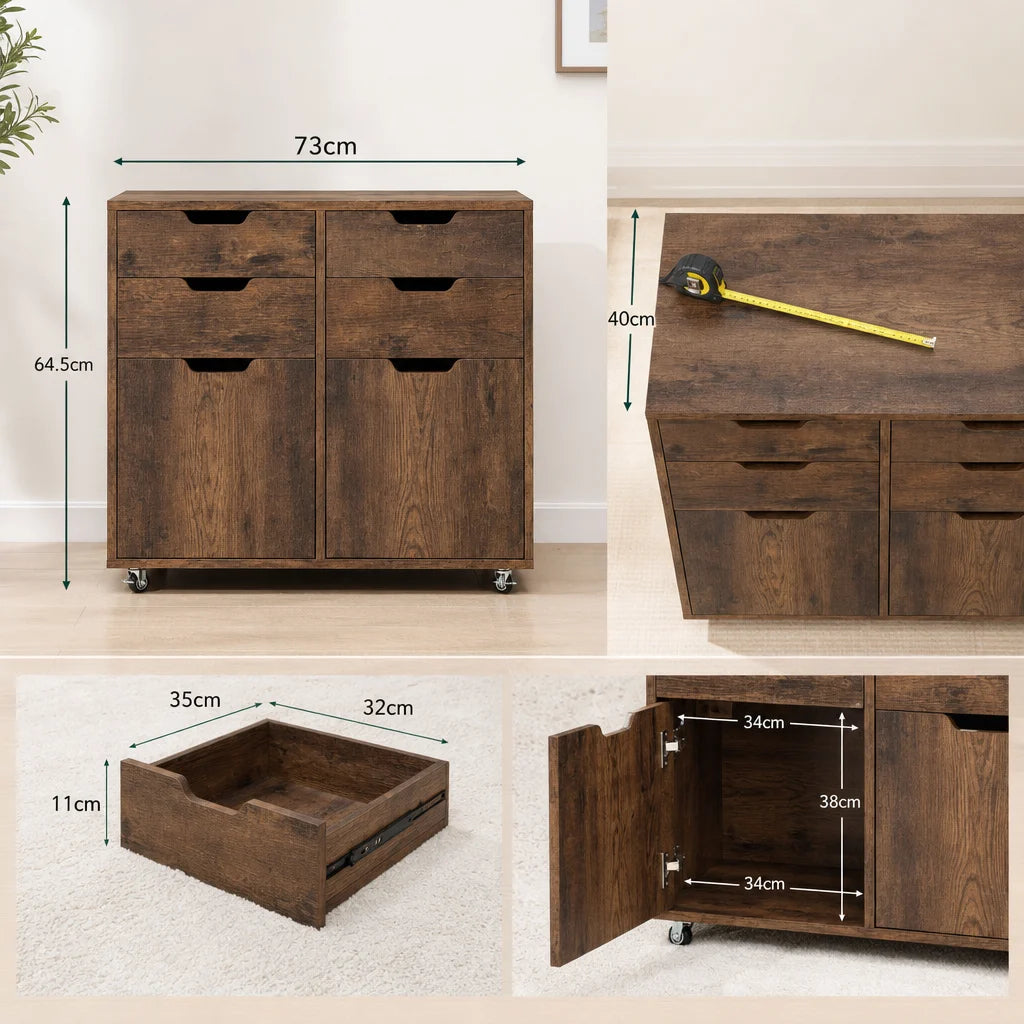 Brown Wood-Grain 4-Drawer Chest of Drawers - Mobile Storage Cabinet