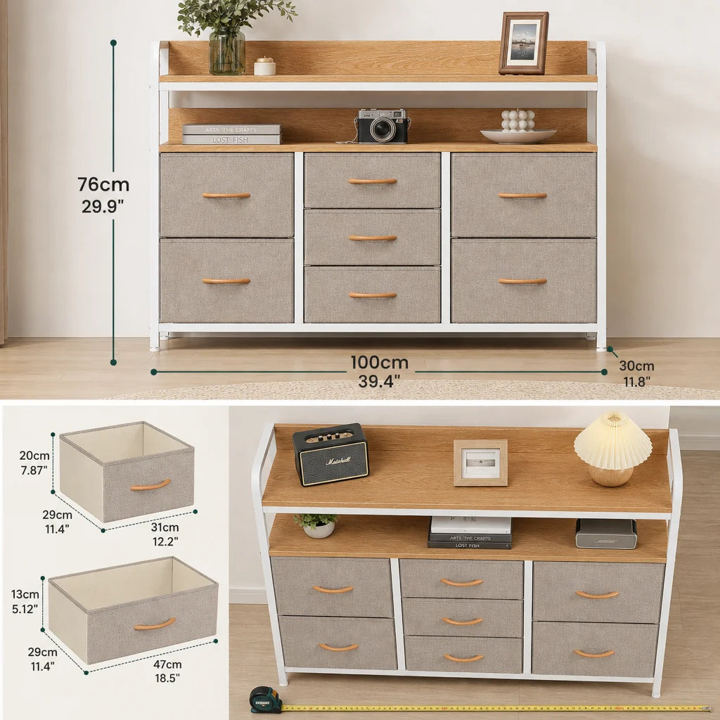 7-Drawer Fabric Chest of Drawers with Shelves - 100cm Wide Bedroom Storage