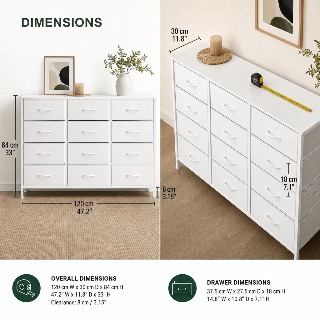 12-Drawer Fabric Chest of Drawers - 120cm Wide Bedroom Storage