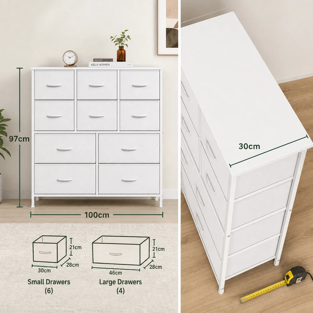 10-Drawer Fabric Chest of Drawers - 100cm Bedroom Storage