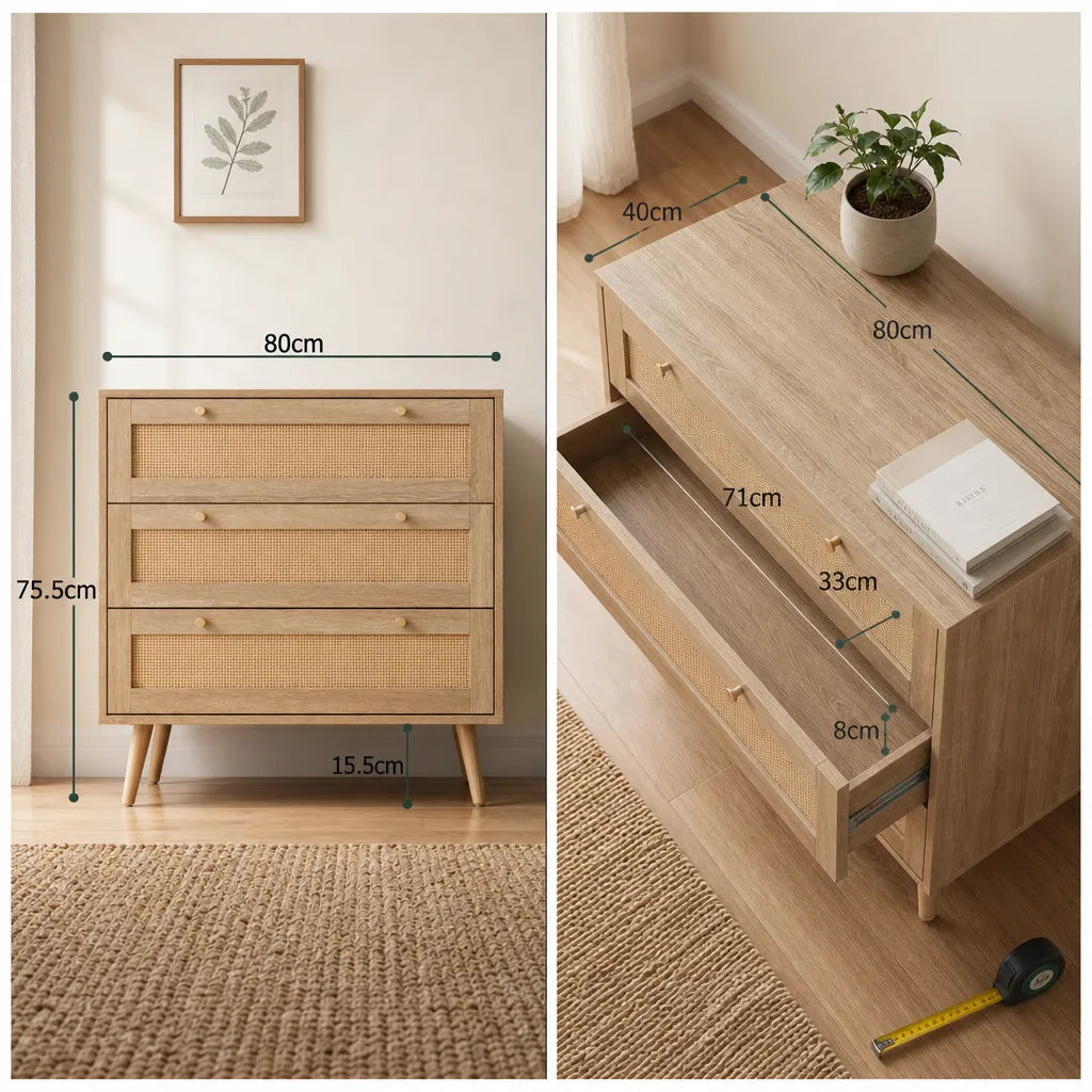 Natural Rattan 3-Drawer Chest of Drawers - 80cm Bedroom Storage