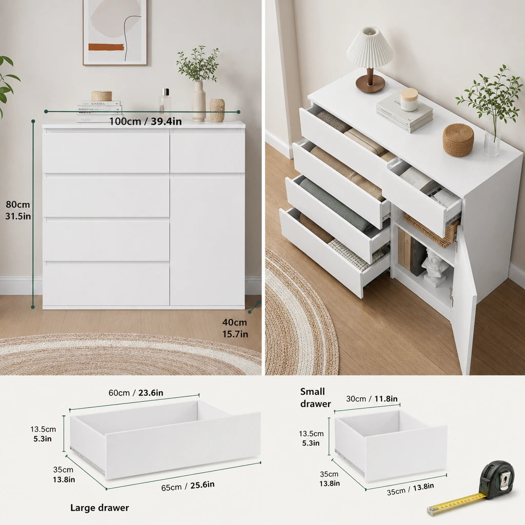 White Handle-Less Chest of Drawers - 100cm Wide Bedroom Storage