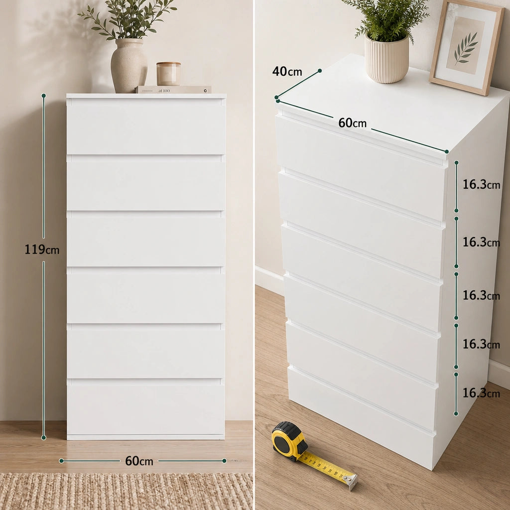 White 6-Drawer Tallboy Chest of Drawers - 60cm Narrow Bedroom Storage