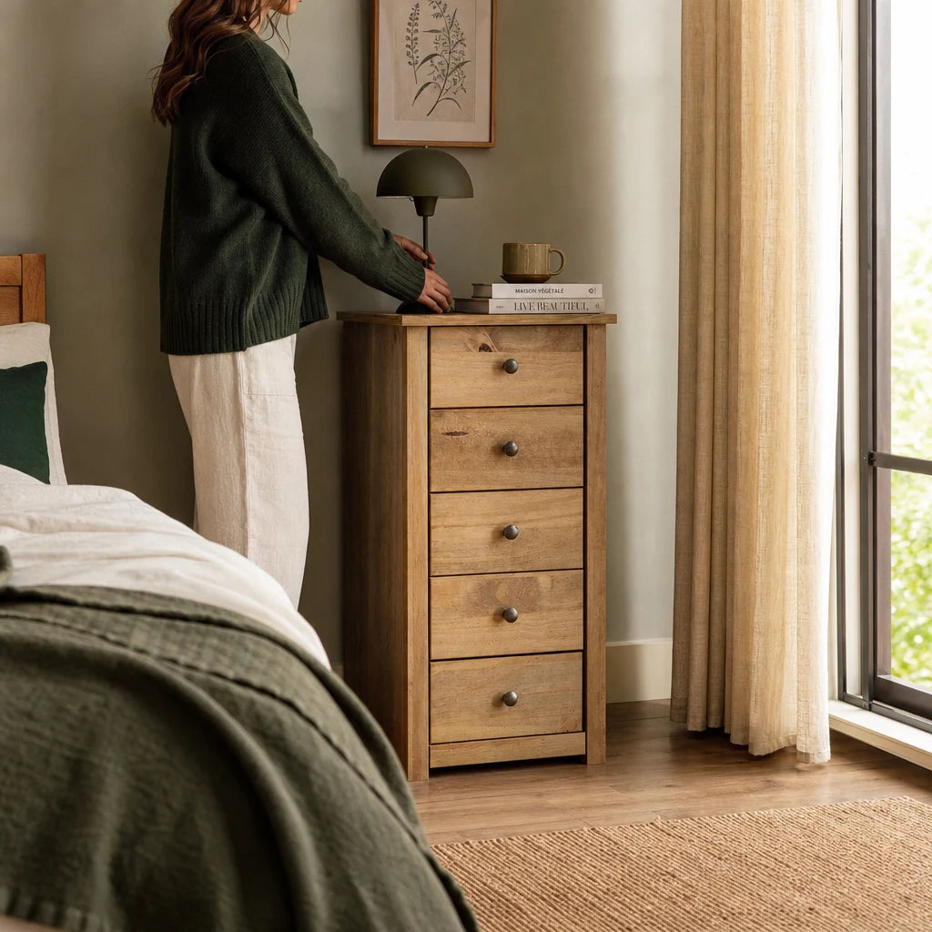 Oak-Stained Pine Tallboy Chest of Drawers - 46cm Narrow Storage