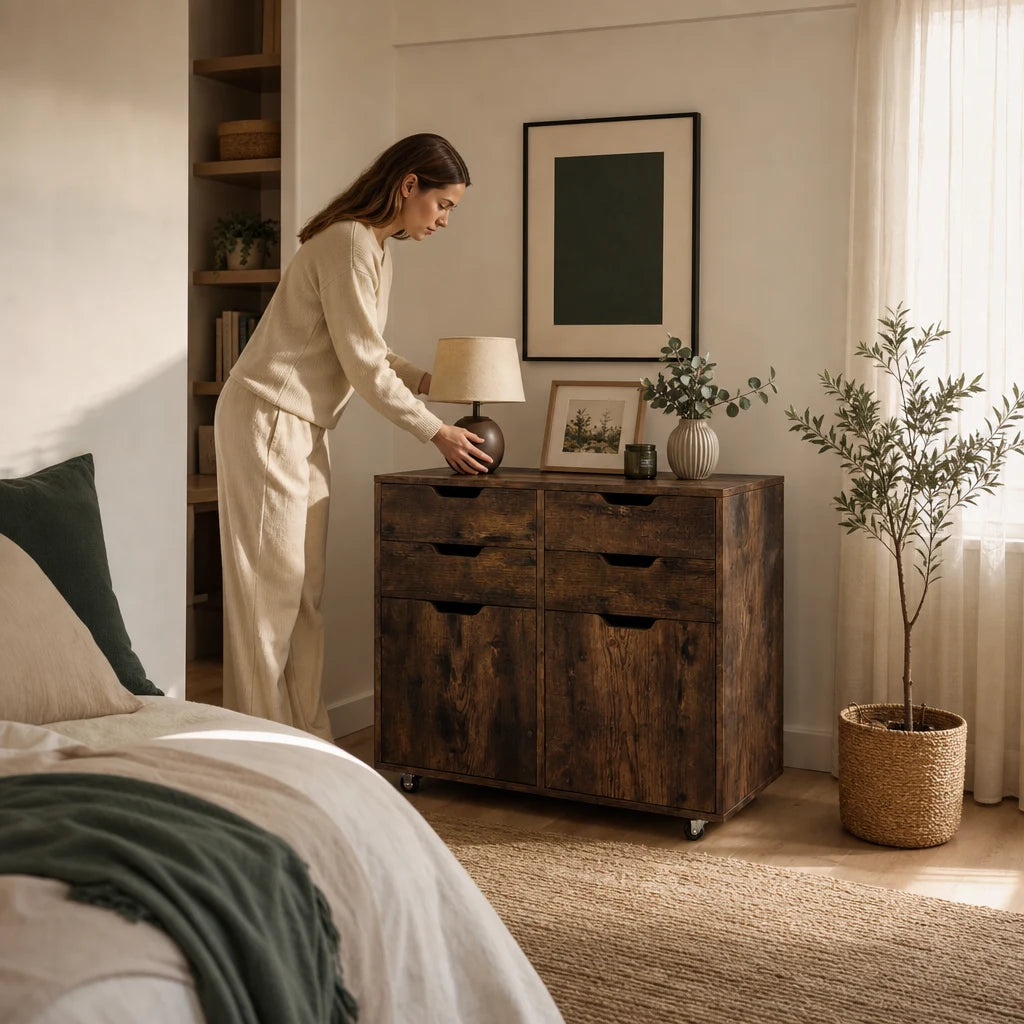 Brown Wood-Grain 4-Drawer Chest of Drawers - Mobile Storage Cabinet