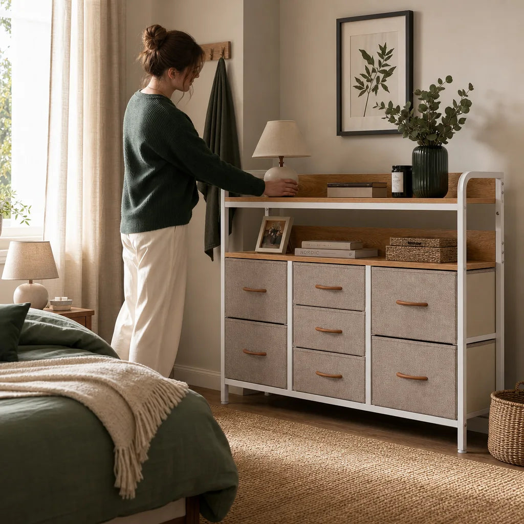 7-Drawer Fabric Chest of Drawers with Shelves - 100cm Wide Bedroom Storage