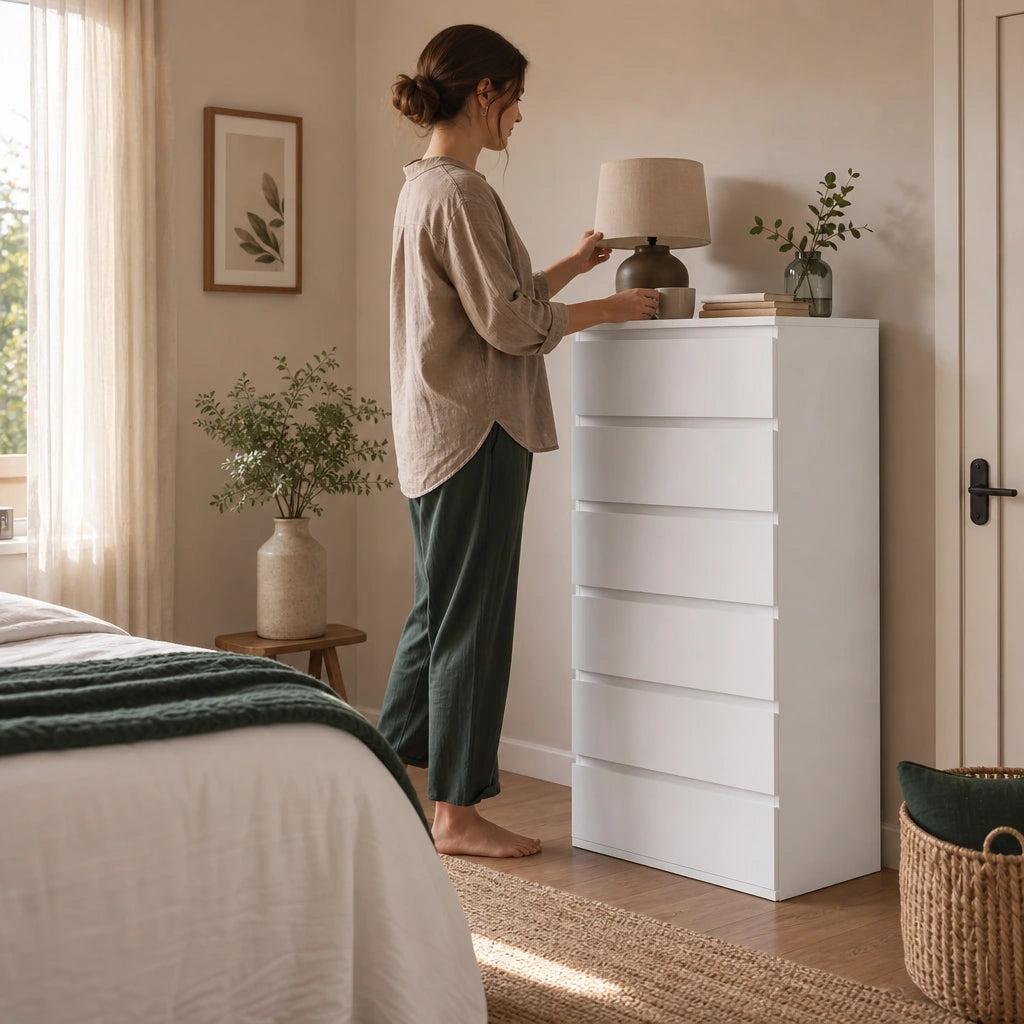 White 6-Drawer Tallboy Chest of Drawers - 60cm Narrow Bedroom Storage
