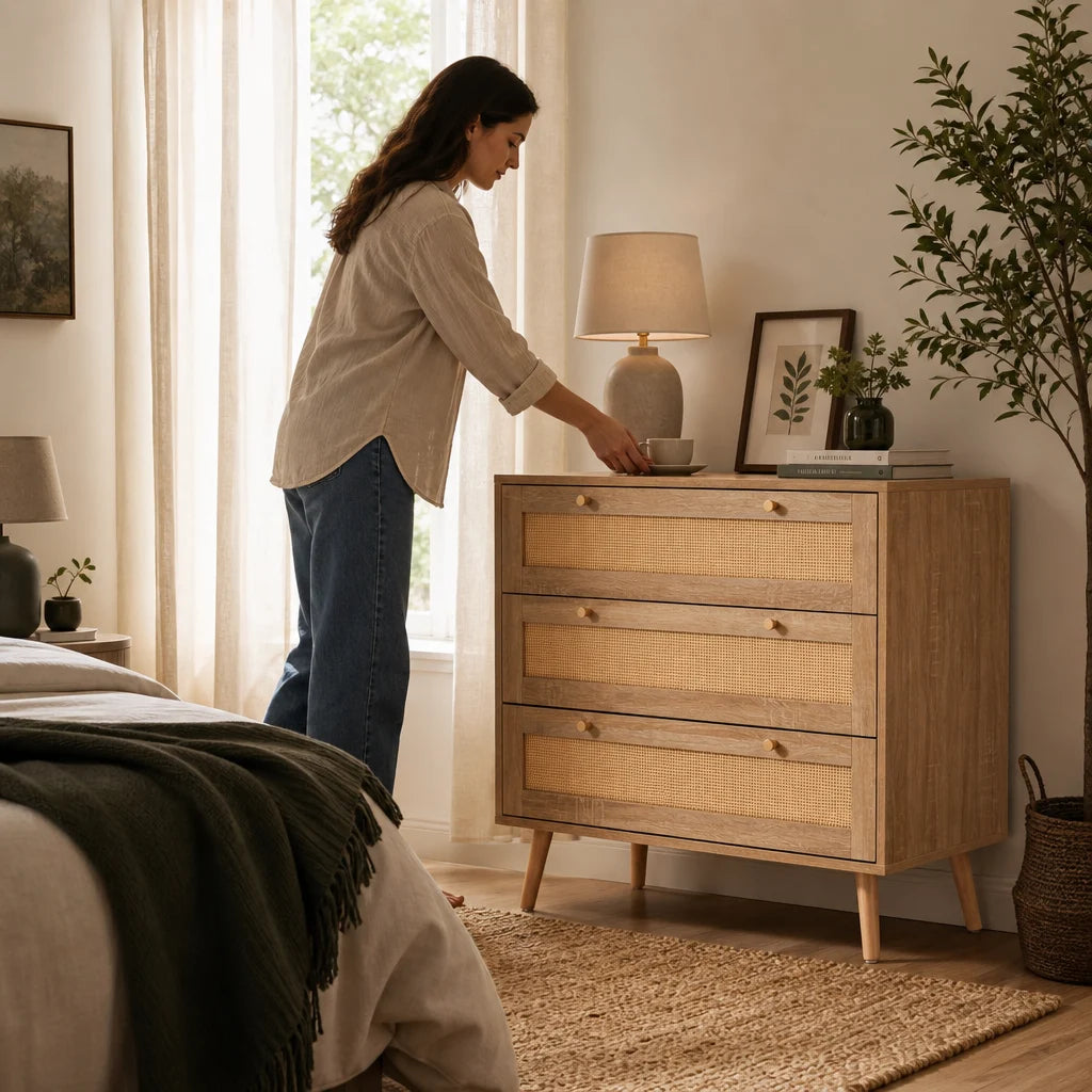 Natural Rattan 3-Drawer Chest of Drawers - 80cm Bedroom Storage