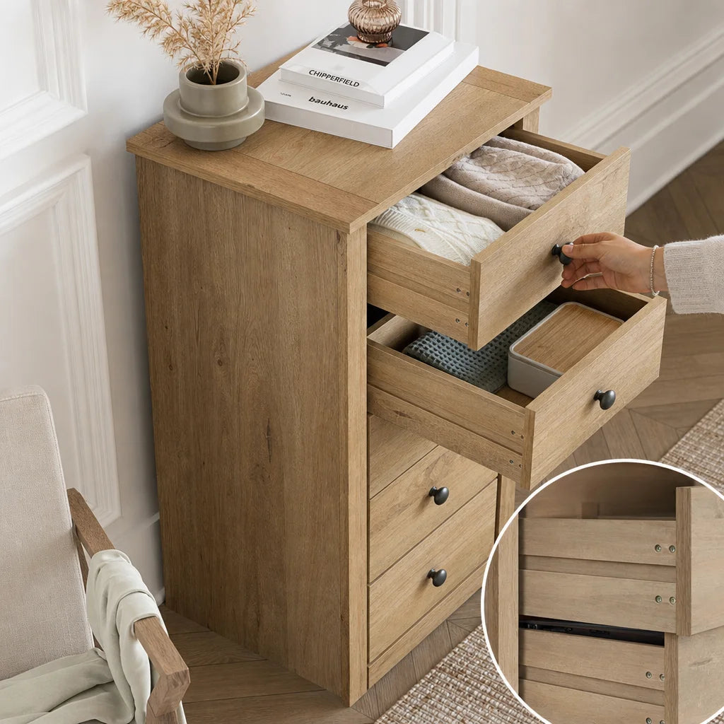 Oak-Stained Pine Tallboy Chest of Drawers - 46cm Narrow Storage
