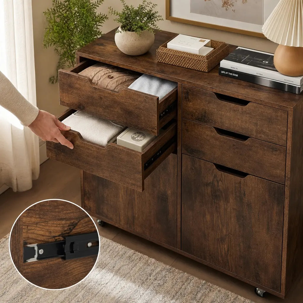 Brown Wood-Grain 4-Drawer Chest of Drawers - Mobile Storage Cabinet