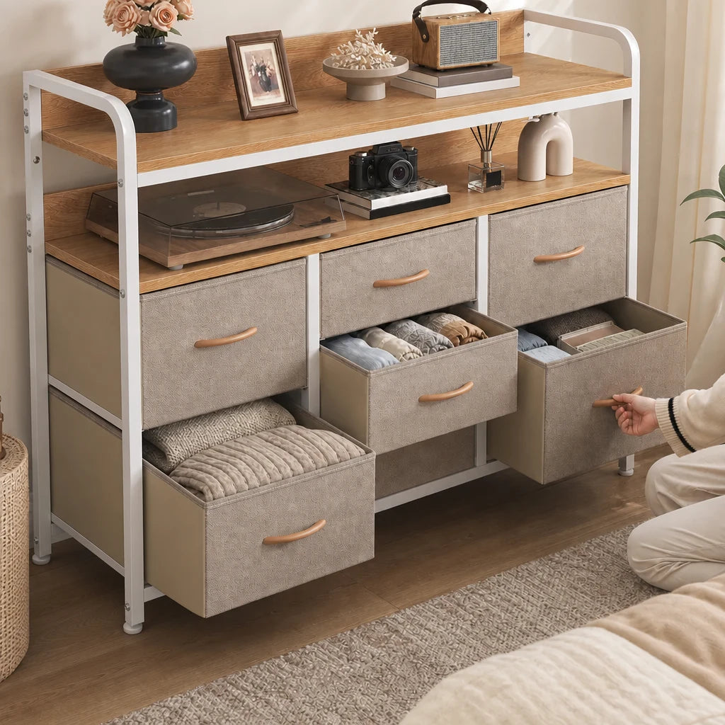 7-Drawer Fabric Chest of Drawers with Shelves - 100cm Wide Bedroom Storage