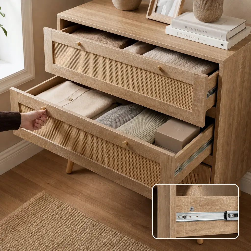 Natural Rattan 3-Drawer Chest of Drawers - 80cm Bedroom Storage